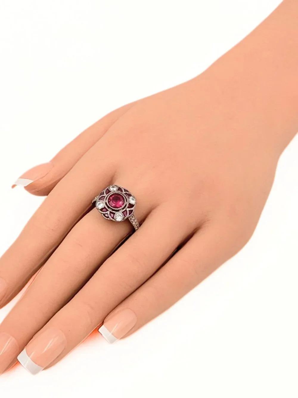 Dainty Art Deco Style Marked Sterling Silver Pink Lab Sapphire CZ Ring Sz 9